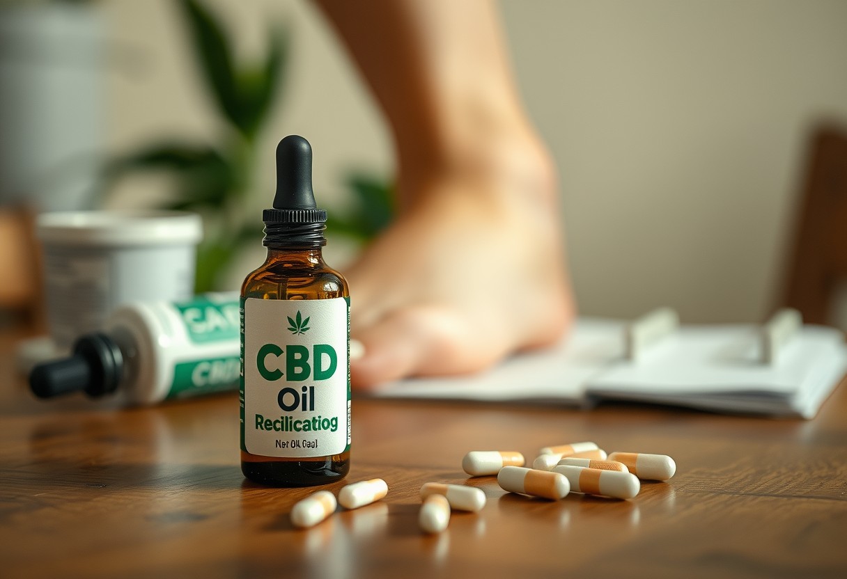 Fläschchen mit CBD-Öl neben einem grünen Hanfblatt, symbolisch für den potenziellen Einsatz von CBD bei der Linderung von Gichtsymptomen.